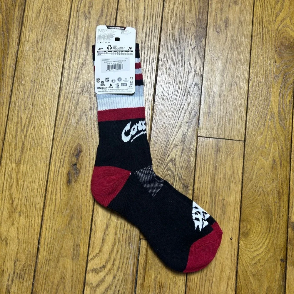 For Bare Feet‎ Washington State Cougars Socks Black Crimson White Striped Large